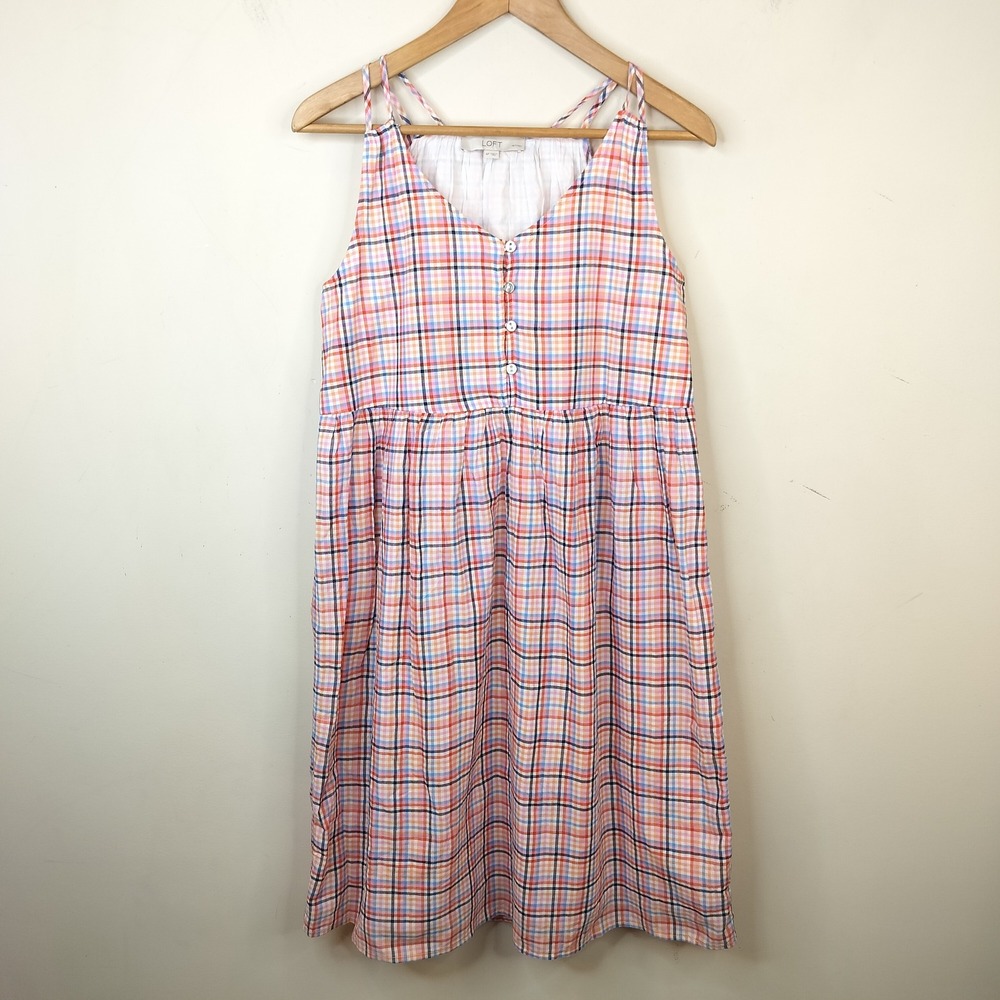 LOFT Plaid Gingham Sleeveless Dress 4P Button Front Tiered Preppy